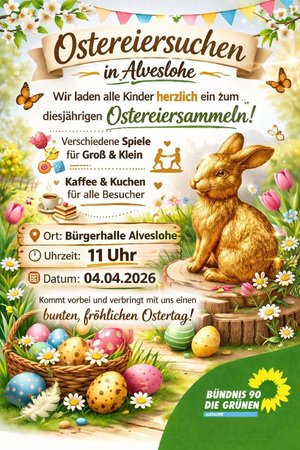 Alvesloher Ostereiersuche 4.0 am 04.04.2026 von 11 bis 13 Uhr um die Bürgerhalle Alveslohe